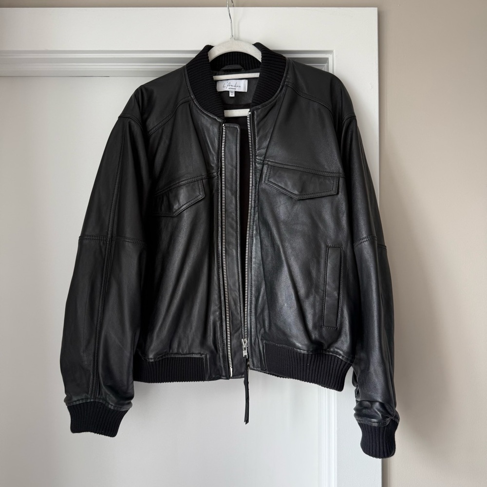 L’academie Black leather bomber jacket
